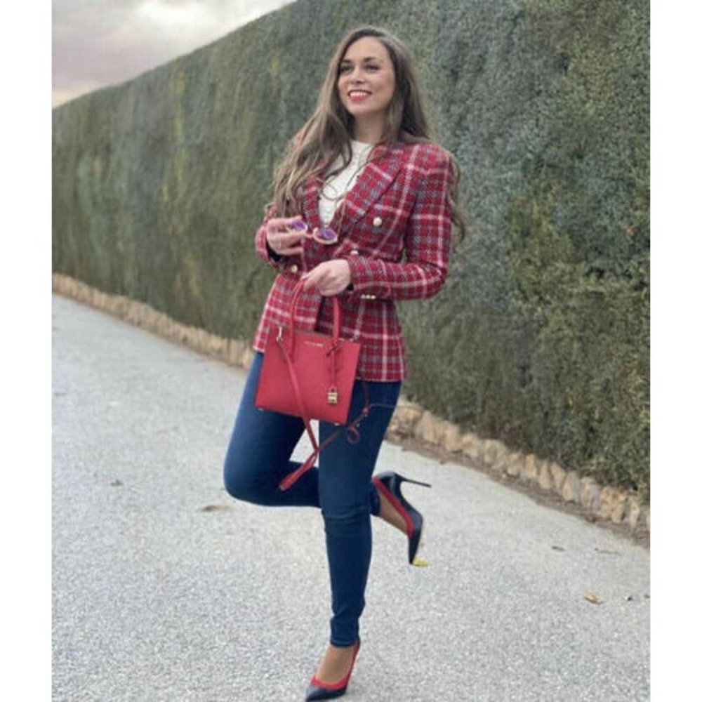 Zara FW20 Double Breasted Plaid Blazer Red Black White Size XS
